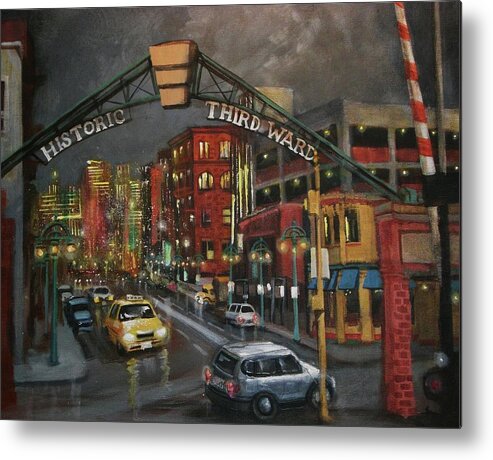  City At Night Metal Print featuring the painting Milwaukee's Historic Third Ward by Tom Shropshire
