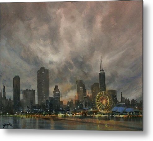 Chicago Metal Print featuring the painting Navy Pier Ferris Wheel Chicago by Tom Shropshire