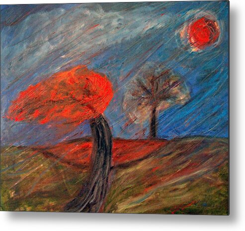 Katt Yanda Original Art Landscape Oil Painting Canvas Red Tree Blowing Wind Metal Print featuring the painting Red Tree in the Wind by Katt Yanda