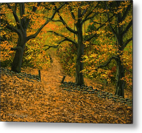 Landscape Metal Print featuring the painting Through The Fallen Leaves by Frank Wilson