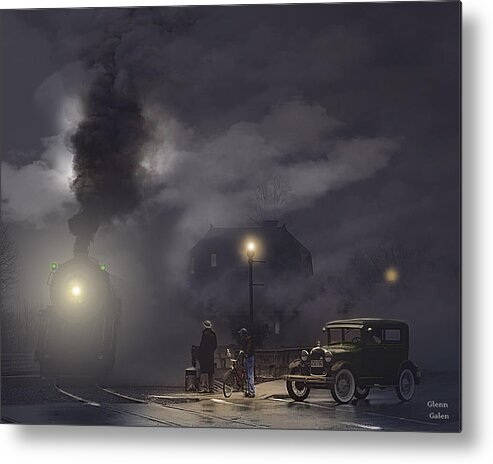 Steam Locomotive Metal Print featuring the painting Fast Freight On A Foggy Night by Glenn Galen