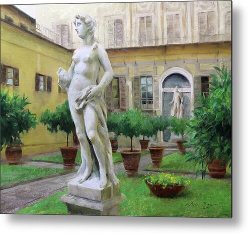 Courtyard Metal Print featuring the painting Courtyard Guardians by Anna Rose Bain