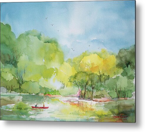 Lake Metal Print featuring the painting The Red Boat by Sue Kemp