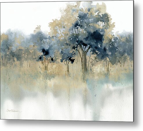 Navy Soft Sage Watercolor Gold Foil Embellished Landscape Tree Line Water Reflections Metal Print featuring the painting Waters Edge 1 by Carol Robinson