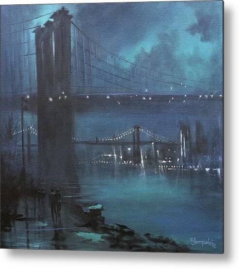Brooklyn Bridge Metal Print featuring the painting Brooklyn Bridge In Fog by Tom Shropshire