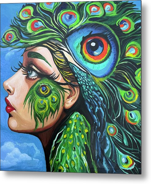 Peacock Hybrid Surrealism Abstract Color Metal Print featuring the painting Peahen XIV by Kasey Jones