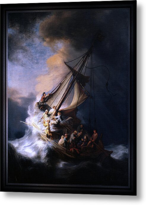 The Storm On The Sea Of Galilee Metal Print featuring the digital art The Storm on the Sea of Galilee by Rembrandt van Rijn by Rolando Burbon