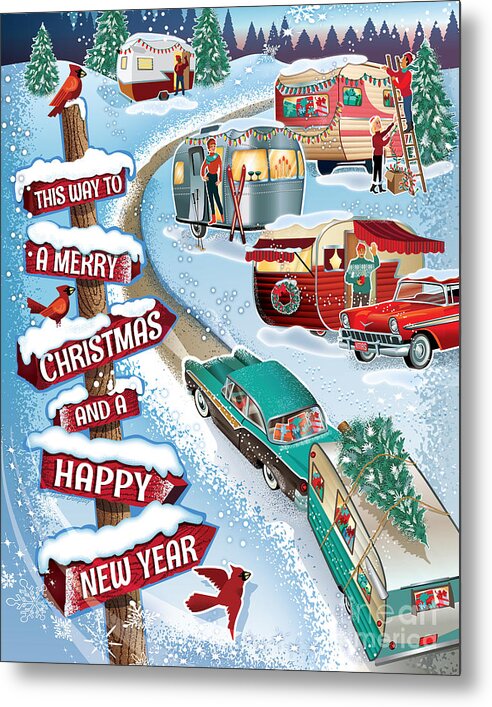 Mid-century Christmas Metal Print featuring the digital art Winter Vintage Campers Christmas Wall Art by Diane Dempsey