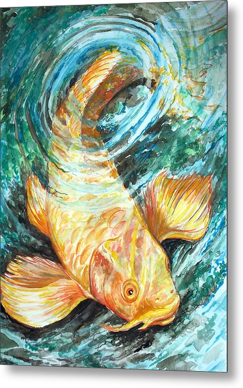 Koi Fish Carp Goldfish Gold Funny Weird Twisted Top Hat Monocle Metal Print featuring the painting Watercolor koi study by Jenn Cunningham