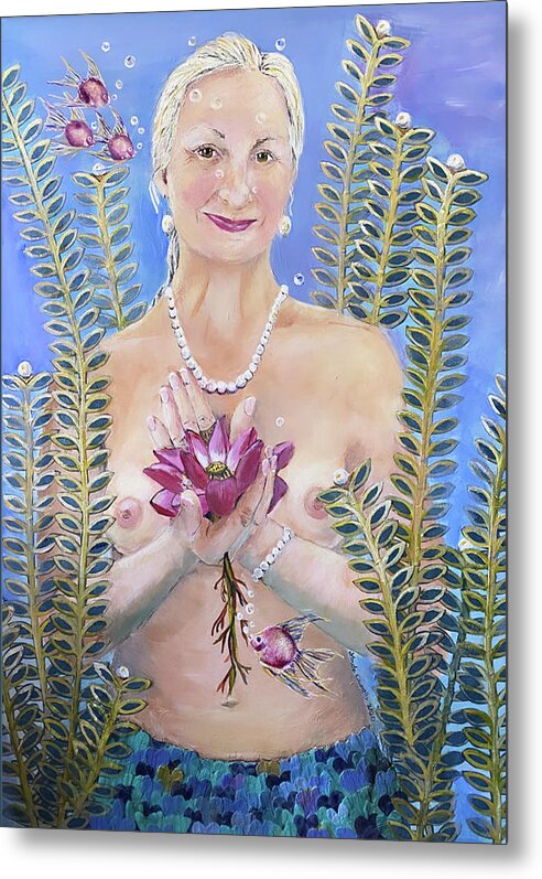 Mermaid Metal Print featuring the painting Mermaid with Pink Lotus by Linda Queally by Linda Queally
