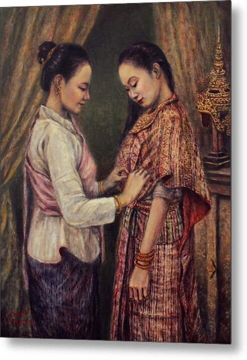 Lao Ramayana Metal Print featuring the painting Dressing Nang Sida by Sompaseuth Chounlamany