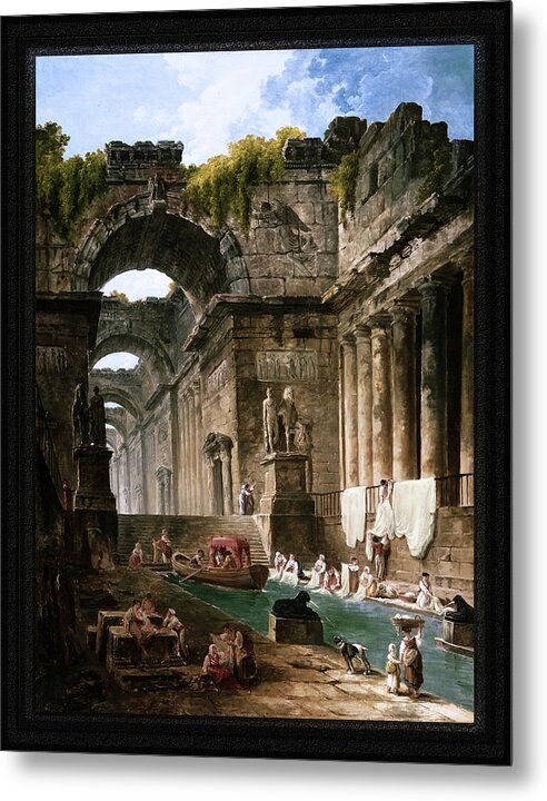 Ruins Of A Roman Bath With Washerwomen Metal Print featuring the painting Ruins Of A Roman Bath With Washerwomen by Hubert Robert by Rolando Burbon