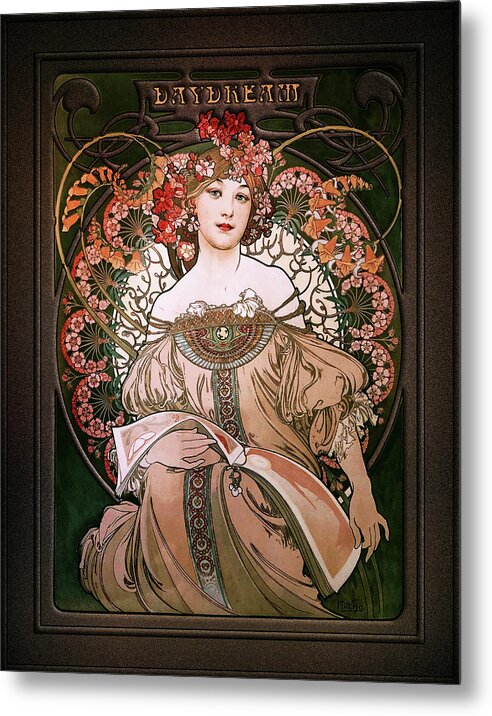 Daydream Metal Print featuring the painting Daydream by Alphonse Mucha Black Background by Rolando Burbon