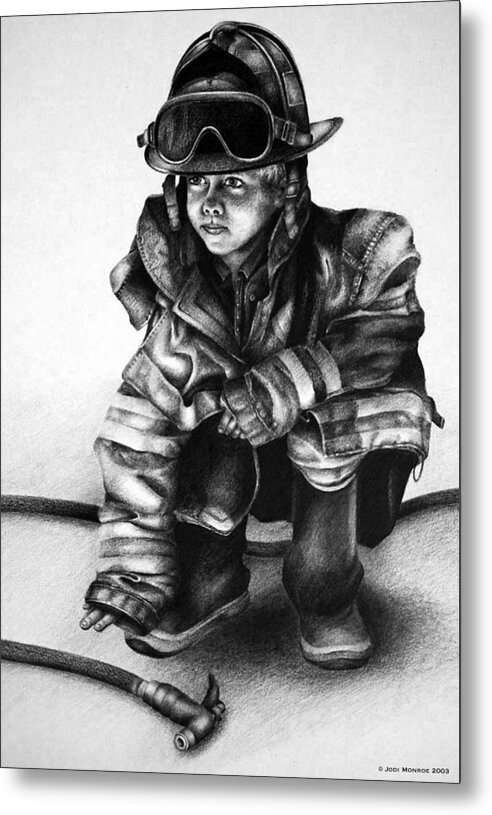 Firefighter Metal Print featuring the drawing Little Hero by Jodi Monroe