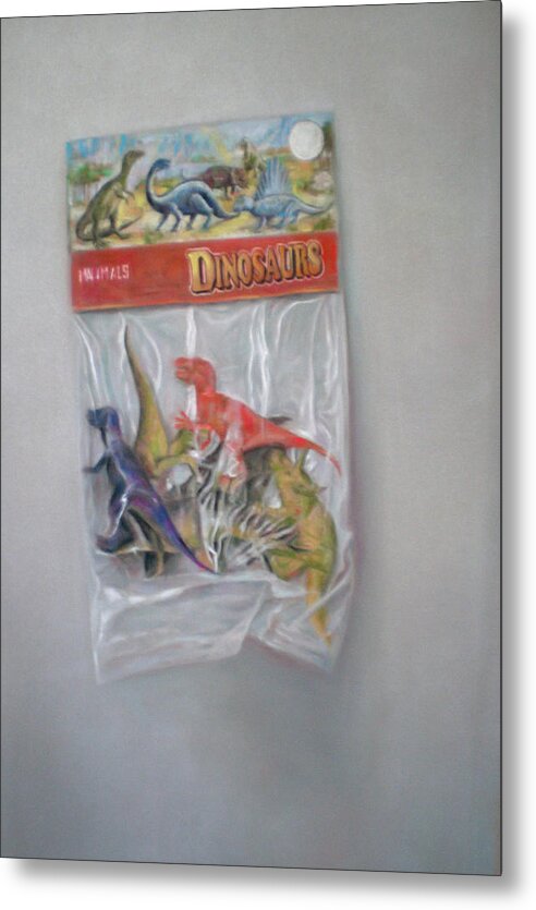 Toys . Pastel Drawing- Still Life . Trompe L�oeil Drawing - Dinosaurs - Plastic Bag- Wild Life Metal Print featuring the drawing Plastic Dinosaurs by Paez ANTONIO