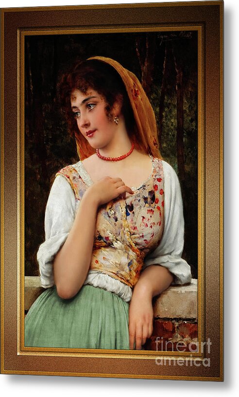A Pensive Beauty Metal Print featuring the painting A Pensive Beauty by Eugen von Blaas Classical Art Reproduction by Rolando Burbon