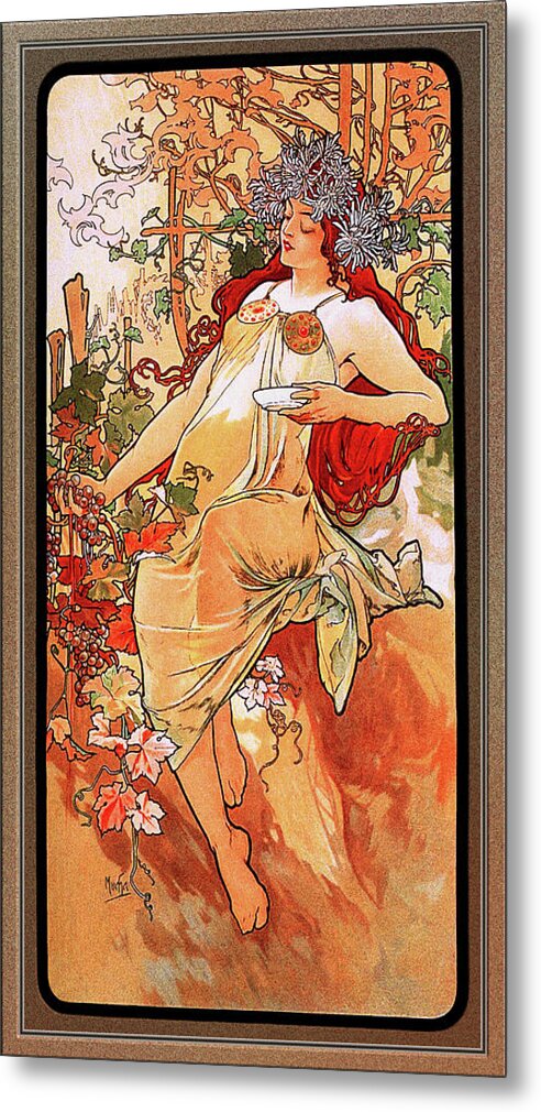 The Autumn Metal Print featuring the painting The Autumn by Alphonse Mucha by Rolando Burbon
