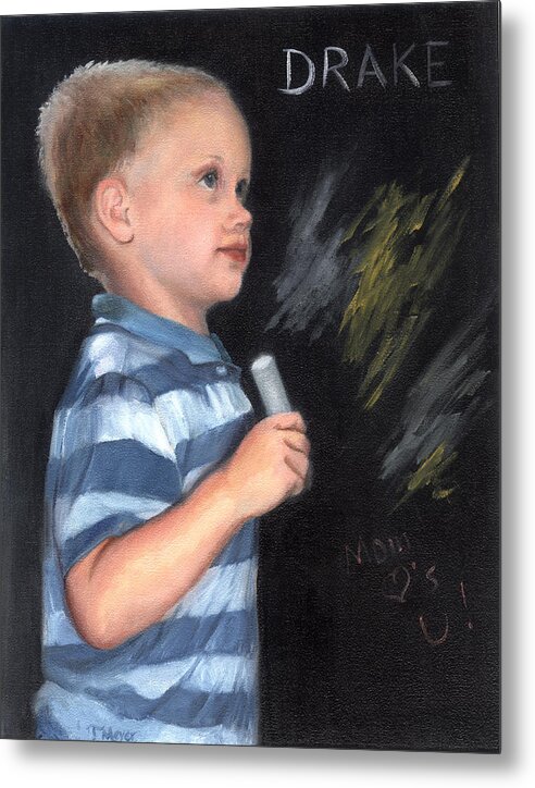 Portrait Of A Boy In Front Of A Chalk Board Metal Print featuring the painting Chalk Talk - Mom Loves U by Terri Meyer