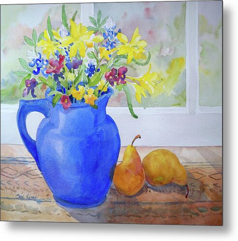 Still Life Metal Print featuring the painting Blue Pitcher With Pears by Sue Kemp