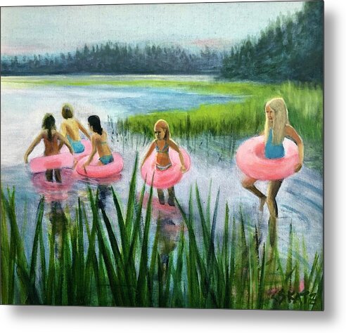 Pink Floaties Metal Print featuring the painting Scoby Pond Birthday by Cyndie Katz