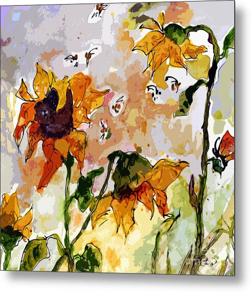 Abstract Metal Print featuring the painting Abstract Sunflowers and Bees Provence by Ginette Callaway