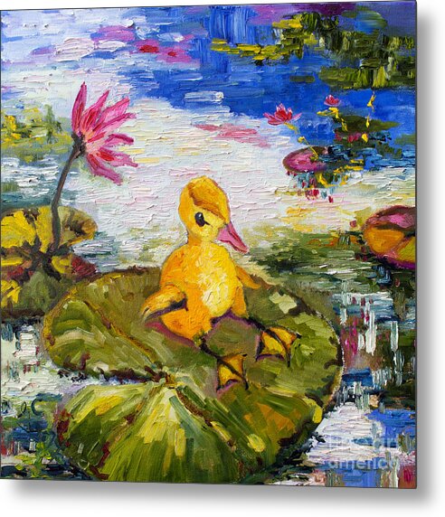 Animals Metal Print featuring the painting Baby Duck on Lily Pad Lazy Summer by Ginette Callaway