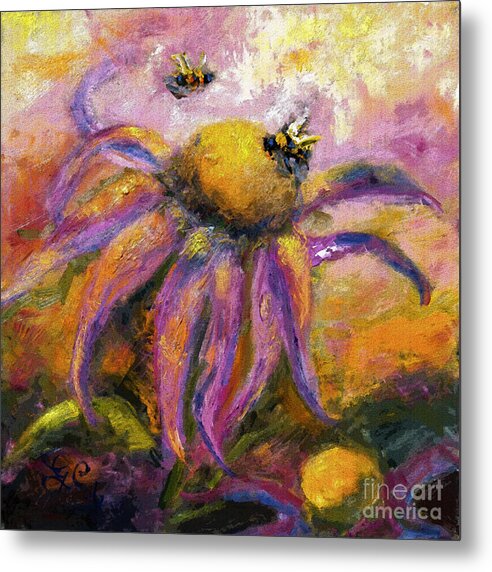 Bees Metal Print featuring the painting Bees on Purple Coneflower Blossoms by Ginette Callaway