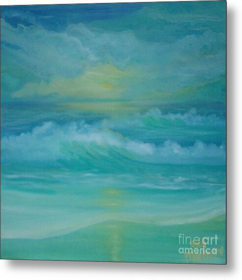 Seascapes Seascape Beach Ocean Waves Shore Coast Green Yellow Blue Clouds Storm Sunrise Sunset Water Sun Summer Metal Print featuring the painting Emerald Waves by Holly Martinson