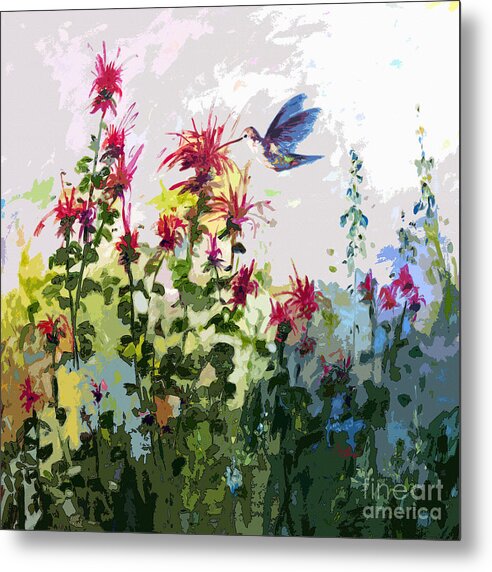 Hummingbirds Metal Print featuring the painting Modern Hummingbird and bee Balm by Ginette Callaway