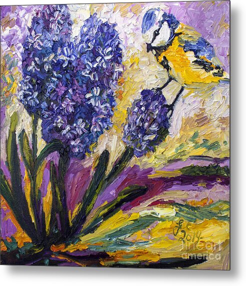 Impressionism Metal Print featuring the painting Spring Hyacinth and Titmouse Songbird by Ginette Callaway
