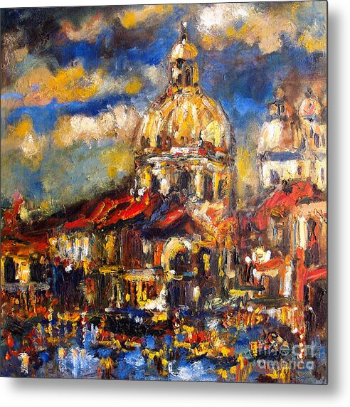 The Basilica Di Santa Maria Della Salute Metal Print featuring the painting Venice Italy Sparkling at Sunset by Ginette Callaway