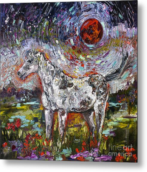 Horses Metal Print featuring the painting Wild Pony under Crimson Moon by Ginette Callaway
