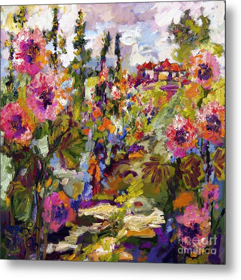 Hollyhock Metal Print featuring the painting Impressionist Garden Path and Hollyhock by Ginette Callaway