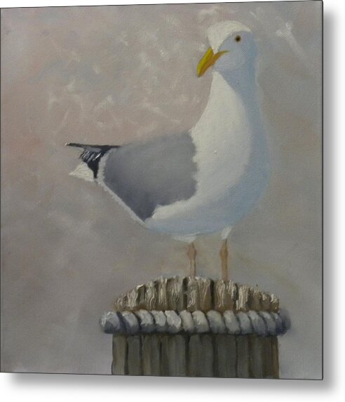Bird Seagull Ocean Harbor Water Dock Seascape Landscape Metal Print featuring the painting Waiting For Lunch by Scott W White