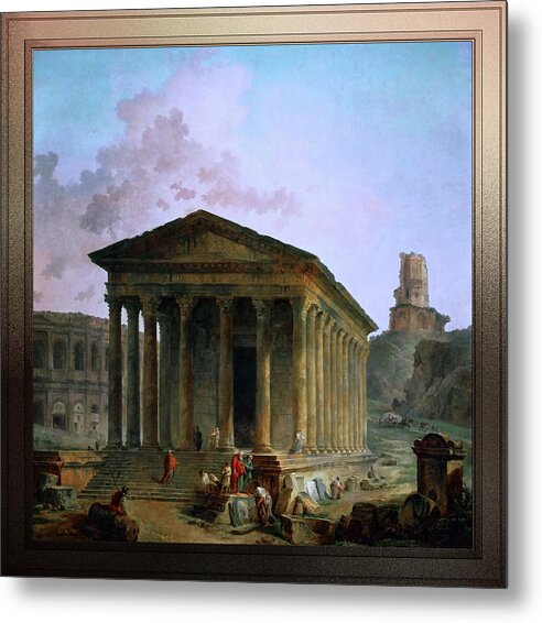 Maison Carée Metal Print featuring the digital art The Maison Caree the Arenas and the Magne Tower in Nimes by Hubert Robert by Rolando Burbon
