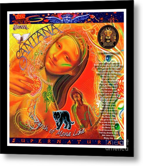 Mona Lisa Metal Print featuring the mixed media Mona Lisa and Santana - Mixed Media Record Album Cover Pop Art Collage Print by Steven Shaver
