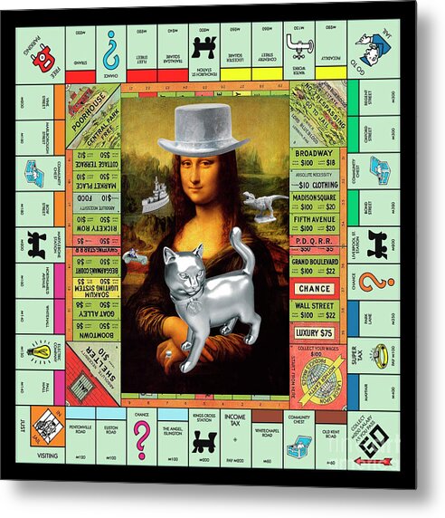 Mona Lisa Metal Print featuring the mixed media Monopolisa - Mixed Media Pop Art Collage of Mona Lisa on Old Monopoly Gameboard by Steven Shaver