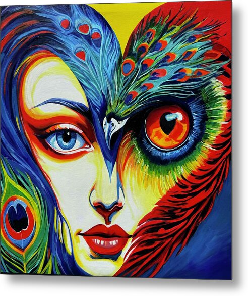Owl Heart Corazon Hybrid Surreal Bird Peacock Peahen Kasey Jones Metal Print featuring the painting Peahen 19 by Kasey Jones