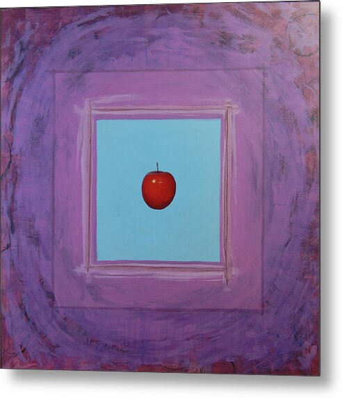 Floating Metal Print featuring the painting Red Apple Icon on Blue and Purple Square by Tim Murphy