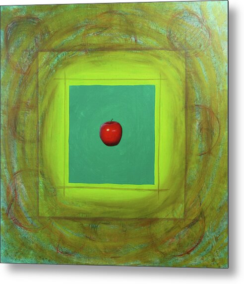 Floating Metal Print featuring the painting Red Apple Icon on Green Square by Tim Murphy