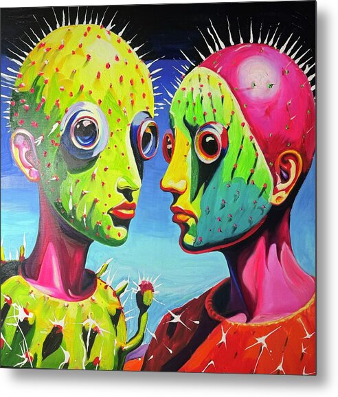 Cactus Technicolor Hybrid Vibrant Pink Green Abstract Metal Print featuring the painting technicolor cacti Voyeurs #3 by Kasey Jones