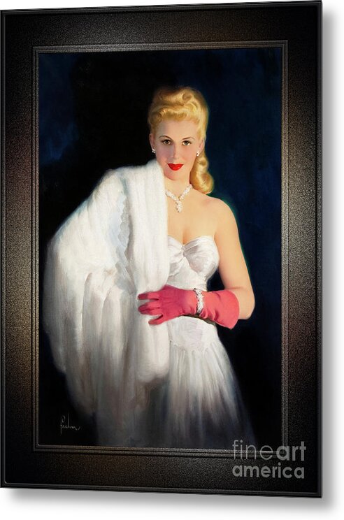 Blonde Metal Print featuring the painting White Mink and Diamonds by Art Frahm Sophisticated Pin-Up Girl Vintage Artwork by Rolando Burbon