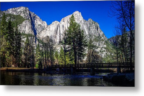 Blue Sky Metal Print featuring the photograph Yosemite Falls along the Merced River #1 by Scott McGuire