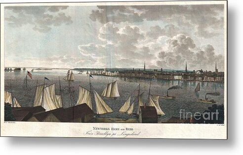 A Fine And Highly Desirable 1824 Aquatint Of New York City And Harbor As Seen From Brooklyn. Based On A Drawing Composed By The Swedish Naval Officer Baron Axel Leonhard Klinkowström On His 1818 – 1820 Tour Of The United States. Klinkowström Was Sent To New York To Assess The Strategic Value Of The Newly Invented Steam Ship For The Use By The Swedish Navy. Accordingly This Stunning View Shows An Assortment Of Sail And Steam Ships Plying The New York Harbor. Stokes Notes That This “view Is Interesting Particularly As Showing The Types Of Steam Ferries And Sail-boats In Use At This Period.” No Description Of This Print Metal Print featuring the photograph 1824 Klinkowstrom View of New York City from Brooklyn by Paul Fearn