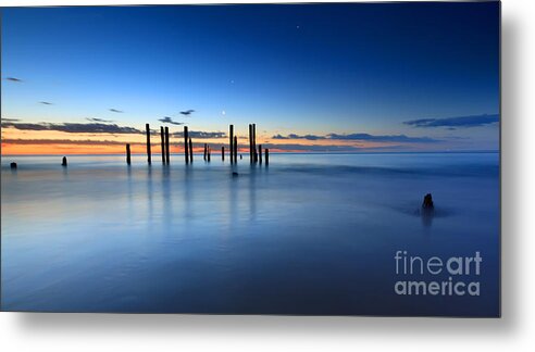 Ruins Of The Old Port Willunga Jetty Seascape Seascapes Sea Waves Ocean Salt Water Clouds South Australia Australian Sunset Beach Metal Print featuring the photograph Port Willunga Jetty Ruins Sunset by Bill Robinson