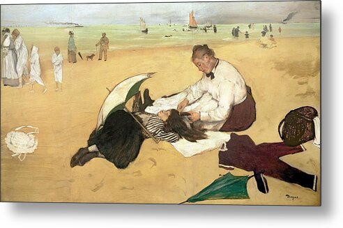 La Plage Metal Print featuring the painting Beach Scene Little Girl Having Her Hair Combed by her Nanny by Edgar Degas