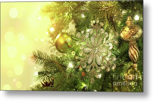 Backdrop Metal Print featuring the photograph Christmas tree decorations with sparkle background by Sandra Cunningham