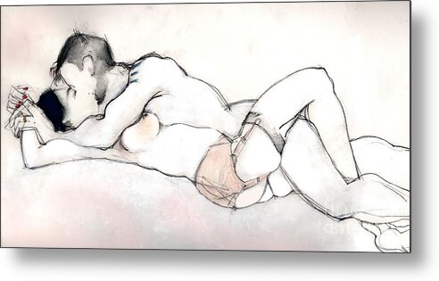 Kissing Metal Print featuring the mixed media Kissing - Nude Couple in Love by Carolyn Weltman