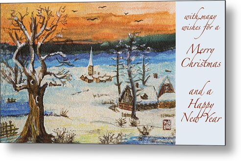 Merry Christmas Card Metal Print featuring the painting Merry Christmas Winter Scene by Peter V Quenter