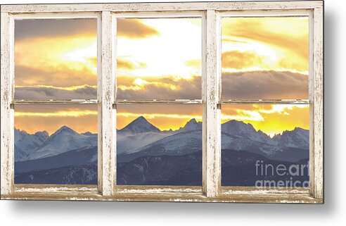 Windows Metal Print featuring the photograph Rocky Mountain Sunset White Rustic Farm House Window View by James BO Insogna